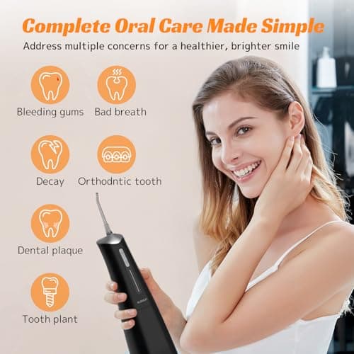 FlossJet Water Dental Flosser Cordless Oral Irrigator with 300ml 5 Tips 4 Modes USBCharger Portable Travle Irrigation Cleaner IPX7 Electric Irrigador Dental for Teeth Cleaning (Black) 5