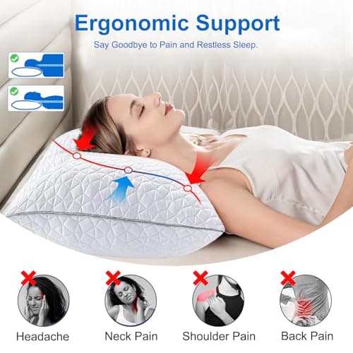 Cooling Pillows Queen Size Set of 2, Shredded Memory Foam Pillows, Adjustable Firm Bed Pillows Cool Cold Pillow for Hot Side Back Stomach Sleepers with Removable Washable Cover, 20" x 30", White 6