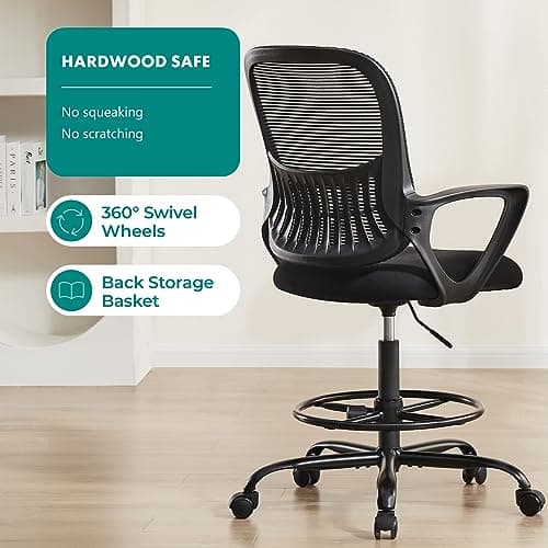 DUMOS Drafting Chair - Counter Height Adjustable Tall Office Desk Chair with Fixed Armrests and Comfortable Lumbar Support for Standing Desk, Deep Black 6