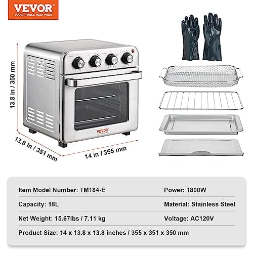 VEVOR 7-IN-1 Air Fryer Toaster Oven, 18L Convection Oven, 1800W Stainless Steel Toaster Ovens Countertop Combo with Grill, Pizza Pan, Gloves, 6 Slices Toast, 10-inch Pizza, Home Use 7