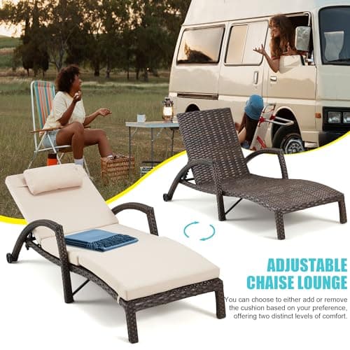 HOMREST Chaise Lounge Chairs Set of 2 for Outside, Adjustable 5 Position Outdoor PE Rattan Wicker Patio Pool Lounge Chair with Arm, Cushion, Pillow and Wheels for Poolside Backyard Deck Porch,Khaki 7