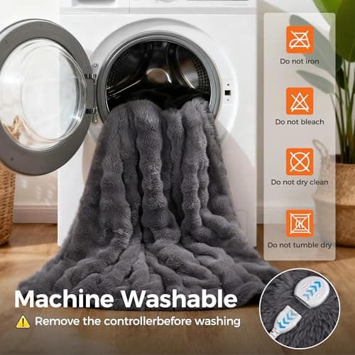 Heated Blanket Throw, Fast Heating Blanket Throw with 1/2/4/6/9/12 Hours Auto-Off 8 Heat Level, 50'' * 60'' Cozy Faux Rabbit Fur Bubble Blanket, Soft Fluffy Warm Blanket(Dark Grey) 5
