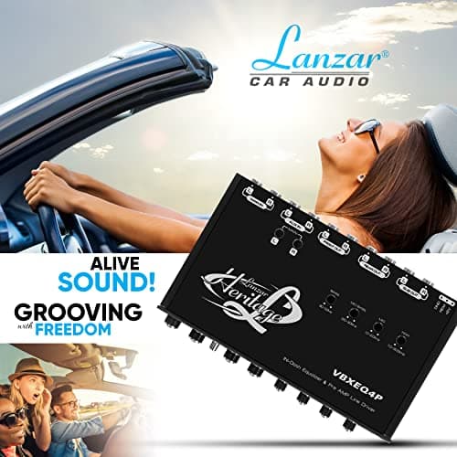 Lanzar 4 Band Parametric Equalizer - 7V RMS Output with Subwoofer Gain Control, Half Din Size 7 x 4.1 x 1 in, Pre-amp Line Aux Inputs Via RCA & Phone Jacks, Blue Light, DC 12V with Remote Trigger 6