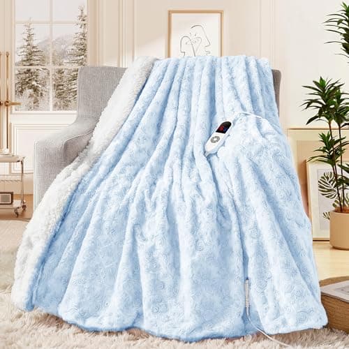 MAXEVE Heated Blanket Electric Throw 50"x60" Faux Rabbit Fur Sherpa Blankets with 6 Heating Sets & 12 Hours Auto Off, Warm Gifts for Grandma Wife, ETL Certification