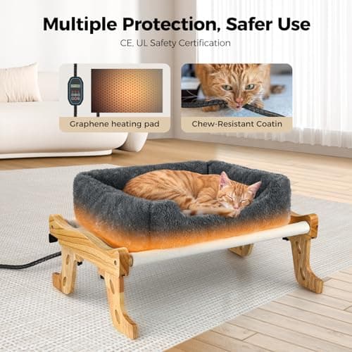 Heated Solid Wood Cat Perch, Removable Heating Pad for Window Seat, 24H Timer Cat Hammock with Wide Edge Cushion, Easy Clean Adjustable Bed for Window Sill, Bedside, Drawer 5