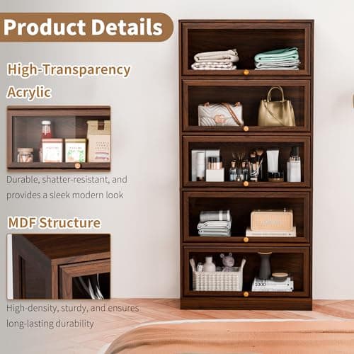 BONITURE Display Cabinet with Acrylic Glass Doors,5-Tiers Curio Cabinet with LED Lighting for Collectibles, Collectibles Toy Organizers Rack & Display Shelf Display Case Storage Cabinet, Walnut 8