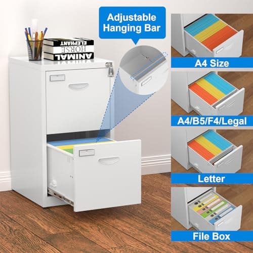 2 Drawer Vertical White Metal File Cabinet with Lock for Home Office - Modern Locking Steel File Storage Cabinet for A4/Legal/Letter Size - Assembly Required 5