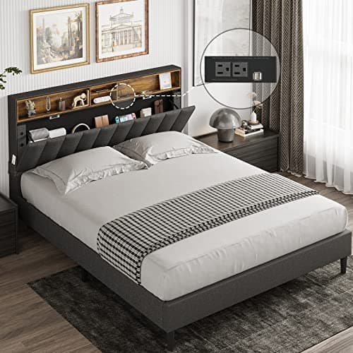 Tiptiper Queen Bed Frame with Storage Headboard & Charging Station, Clearance Upholstered Bed Frame Queen Size with 12 Wood Slats, No Box Spring Needed, Dark Grey