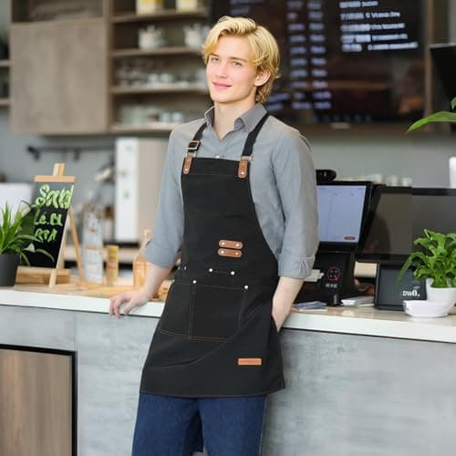 Chef Apron for Men Women with Pockets Adjustable Neck Strap, Heavy Duty Canvas Gardening Apron, Water Repellent Apron for Cooking, Baking, BBQ, Working, Painting (Black) 5