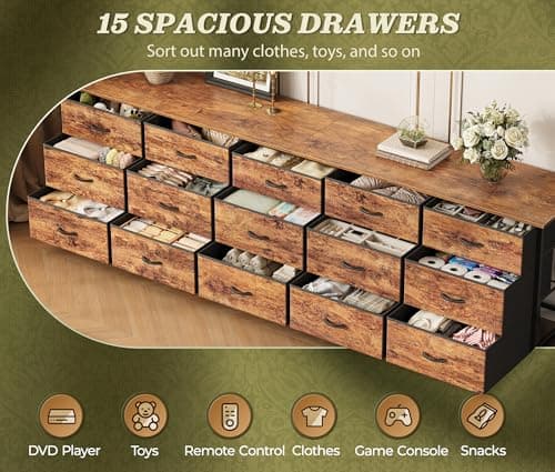 Huuger 78.7 inch Long Dresser for Bedroom, 15 Drawer Fabric Dresser for Closet, Large TV Stand for 65, 75, 85 inch TV, Wide Chest of Drawer with Storage, 78.7" W x 12.9" D x 26.7" H, Rustic Brown 8