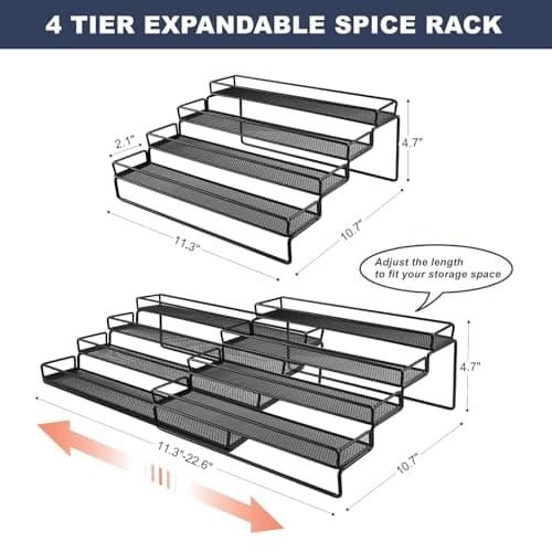 IFELS Spice Rack Organizer for Cabinet, 4 Tier Seasoning Organizer, Expandable Shelf,Step Storage Holder, Kitchen Cabinet Countertop,with Protection Railing, Metal (Black,4 Tier,2Pack) 7