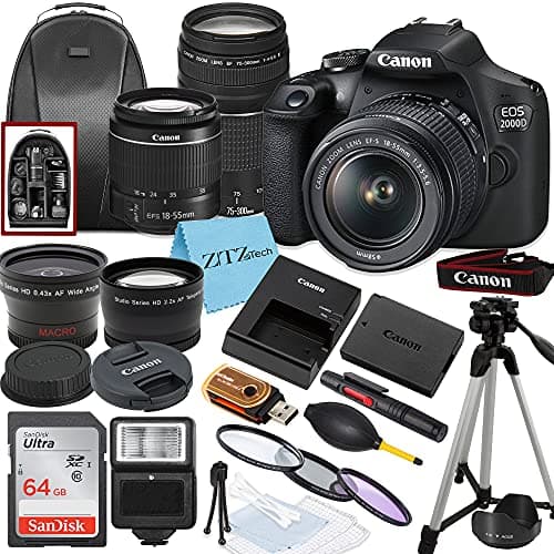 Canon EOS 2000D / Rebel T7 DSLR Camera with EF-S 18-55mm + EF 75-300mm Daul Lens + SanDisk 64GB Memory Card + Tripod + Case + Wideangle Lenses + ZeeTech Accessory Bundle (21pc Bundle) (Renewed)