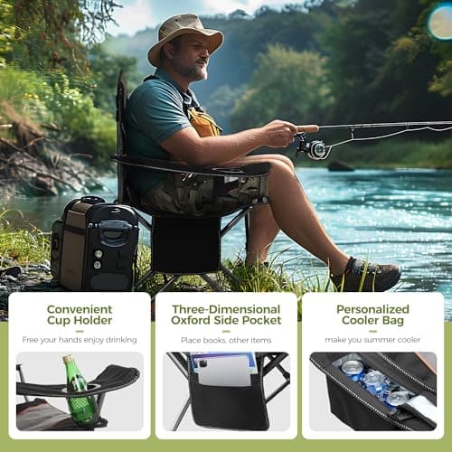 ALPHA CAMP Heavy Duty Camping Chair 500LBS Capacity, Oversized Folding Chair for Heavy People, Padded Portable Outdoor Chair with Cooler Bag & Cup Holder for Camping, Fishing, Beach,Black,1PC 5