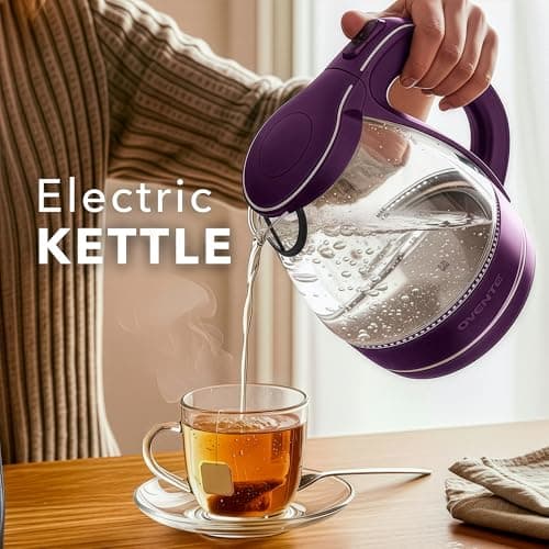OVENTE Electric Kettle, 1.5L Borosilicate Glass Countertop Water Heater and Boiler for Coffee or Tea, BPA-Free, Auto Shut-Off, Boil-Dry Protection, Removable and Washable Spout Filter, Purple KG83P 8