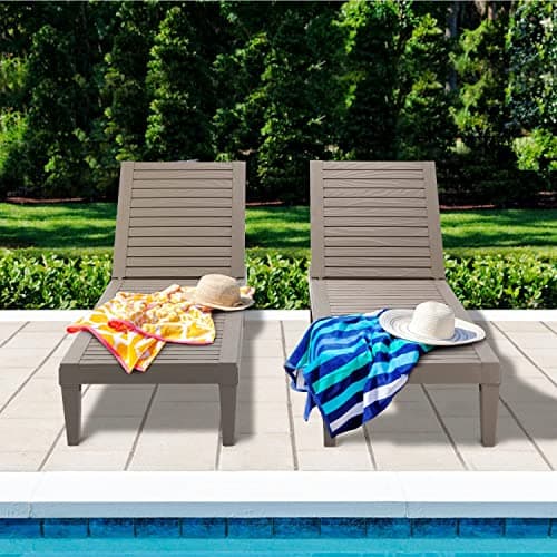 MELLCOM Outdoor Chaise Lounge Chairs Set of 2, All-Weather Patio Loungers with 5-Position Adjustable Backrest and Wood Texture Design, Reclining Chair for Patio, Garden, Beach, Poolside, Balcony 8