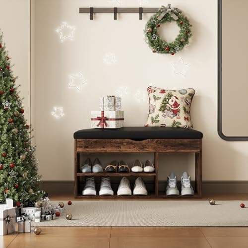 Apicizon 31 Inches Storage Bench with Padded Cushion, Shoe Bench with Storage Space, Upholstered Entryway Bench for Living Room, 2-Tier Shoe Rack Organizer, Brown 9