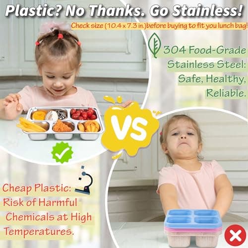 Stainless Steel Snack Containers with Plastic Lids - 3 Pack - 5 Compartments Bento Snack Boxes - Large Reusable Meal Prep for Kids Adult - Divided Food Storage Container for School, Lunch, Home Travel 3