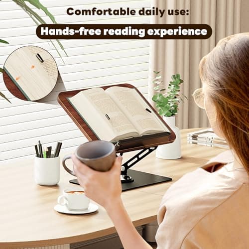 Abiglifty Book Stand for Reading,Adjustable Book Holder with 360° Rotating Base,Foldable Book Holder Stand for Cookbook,Textbook,Tablets, Laptops (Dark Wood) 7