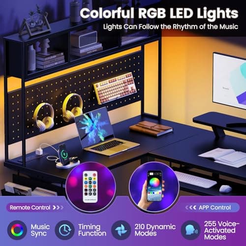 Flycity Electric L Shaped Standing Desk Adjustable Height, 67" x 47" Corner Computer Desk with Host Shelf, Gaming Desk with LED Lights & Power Outlet, Dual Motor Home Office Desk with Storage, Black 6