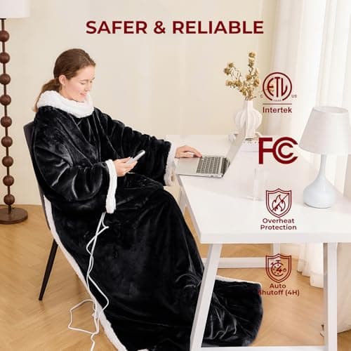 JOLLYVOGUE Wearable Heated Blanket - Heating Electric Blanket with Sleeves & Foot Pocket, Heated Throw for Adult, Birthday Gifts with 7 Heat Settings & fixed 4h Auto Shut-off (50 * 70 Inch, Black) 5