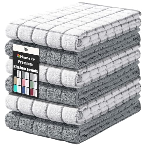 Homaxy Premium Cotton Kitchen Towels 16"x 28", Large Natural Ring Spun 390 GSM Dish Towels, Super Absorbent Terry Kitchen Hand Towels, Soft Tea Towels with Hanging Loop, Grey Check Design, 6 Pack