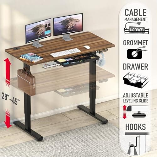 SHW 48-Inch Electric Height Adjustable Standing Desk with Drawer, Memory Preset and Cable Management Tray, Walnut 4
