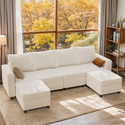 VINGLI 108" U-Shaped Storage Modular Sectional Sofa Sleeper in USB Built-in Charger, Convertible Couch Bed with High-Resilience Foam, 4 Deep Seaters Module/2 Ottomans(Chaises),Chenille/Cream White 7
