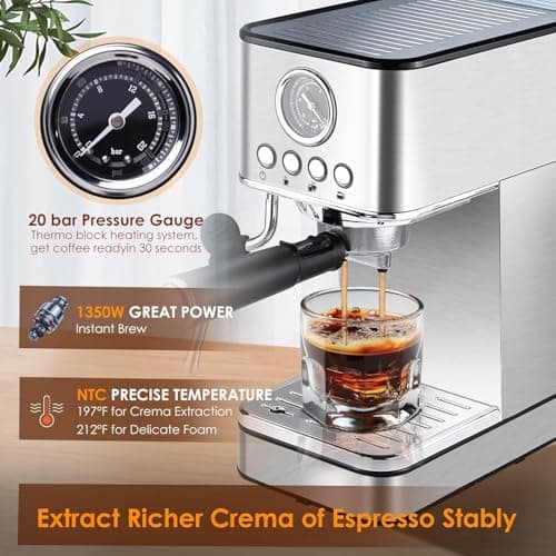 Espresso Machine Coffee Makers 20 Bar, Stainless Steel Espresso Machine with Milk Frother/Steam Wand for Espresso, Latte and Cappuccino - Premium Home Coffee Maker for Barista Quality Drinks 6