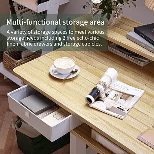 FEZIBO L Shaped Standing Desk with LED Strip & 2 Drawers, Triple Motors Supports Over 300lbs, Upper and Lower Storage Shelves Available, Electric Height Adjustable, for Home Office, Natural 8