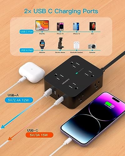 Power Strip Surge Protector, HANYCONY 5Ft Ultra Thin Flat Extension Cord with Multiple Outlets, 8 Widely Outlet Extender 4 USB Ports(2 USB C), 1080J Wall Mount for College Dorm Room Essentials Black 6