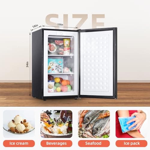 Upright Freezer with Reversible Single Door 3.5 Cubic Feet Stainless Steel Compact Freezer Black Adjustable Thermostat Removable Shelves Perfect for Garage Dorm and Kitchen 6