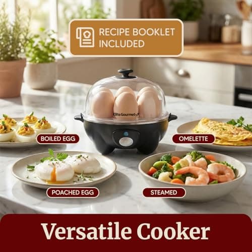Elite Gourmet EGC-007B# Rapid Egg Cooker, 7 Easy-To-Peel, Hard, Medium, Soft Boiled Eggs, Poacher, Omelet Maker, Auto Shut-Off, Alarm, 16-Recipe Booklet, Black 7