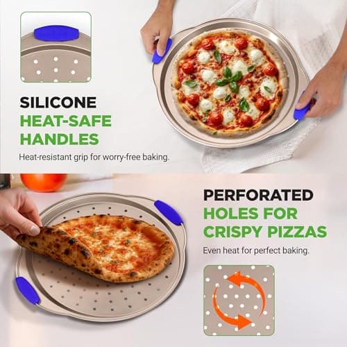 NutriChef 13-Inch Non-Stick Pizza Tray - with Silicone Handle, Round Steel Non-stick Pan with Perforated Holes, Premium Bakeware, Pizza Tray with Extended Handles, Dishwasher Safe - Champagne Gold 7