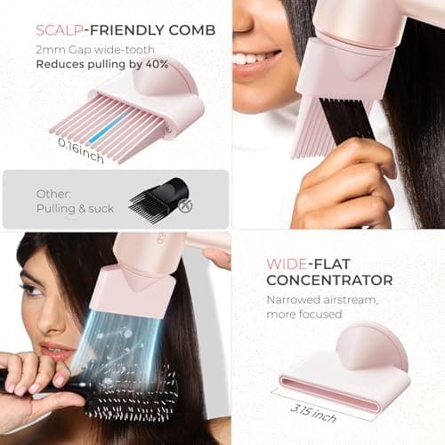 Blow Dryer with Comb, TYMO AIRHYPE Compact 200 Million lonic Hair Dryer with Diffuser, Fast Dry Pink Blow Dryer for Women 110,000RPM Portable Hairdryer for Curly Hair, 4 Temps & 2 Speeds 6