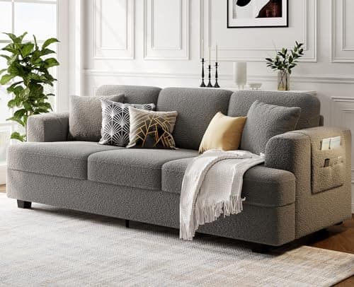 KKL 89 inch Couch for Living Room, Comfy Cloud Couch with Thick Cushion and Wide Armrest, Home Sofa Living Room with Removable Cover, Modern Couch with Firm Structure, Deep Seat Sofa, Grey Bouclé