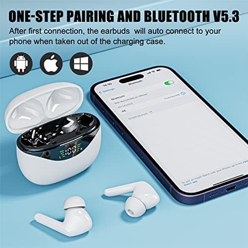 FEANS True Wireless Earbuds, Bluetooth 5.3 Noise Cancelling Headphones with Microphone, Waterproof Stereo Earphones Touch Control Headset with Deep Bass for iPhone/Android (Ivory) 6