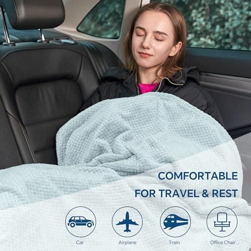 BEDELITE Travel Blanket with Bag, Ultra-Soft Jacquard Fleece Blanket with Luggage Sleeve & Backpack Clip, Airplane Blanket Travel Essentials, Blue 7