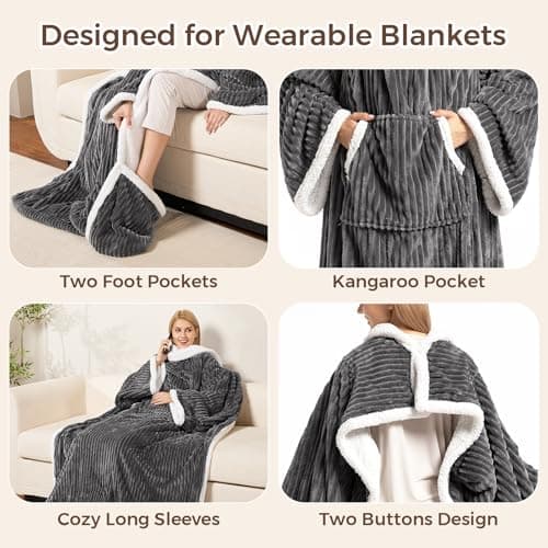 Electric Blanket Heated Throw, Soft Flannel & Sherpa Wearable Heated Blanket with Sleeves, Heating Wearable Blanket with 6 Heating & 12H Auto Off, ETL Certified, Home Office Use, 52x72 Inch, Dark Grey 5