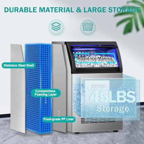 Commercial Ice Maker Machine, 150Lbs/24H with 45Lbs Large Ice Capacity, 55Pcs Clear Ice Cubes Ready in 8-15Mins, Freestanding Stainless Steel Ice Making Machine for Home Party Bar 8