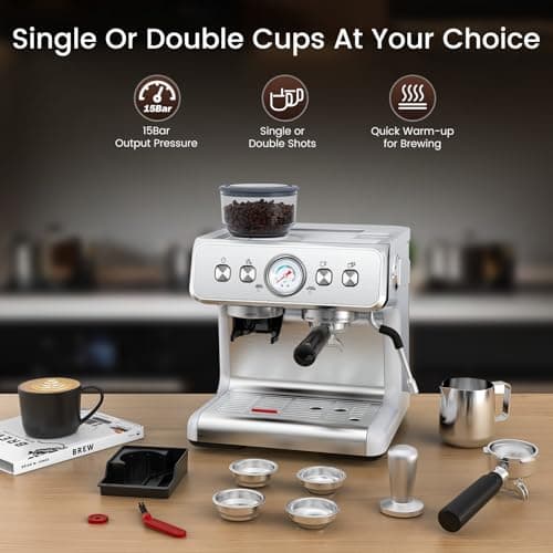 Electactic Espresso Machine with Grinder, Stainless Steel 20 Bar Semi-Automatic Expresso Coffee Machines, Featuring a Milk Frother, Steam Wand, Removable Water Tank for Latte, Macchiato, Cappuccino 6