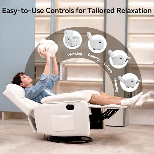 Swivel Rocker Recliner Chair with Adjustable Backrest and Footrest, Ultra-Comfy Fabric Reclining Chair, Glider Recliner with Lumbar Support & Overstuffed Arms, Chairs for Living Room (White) 6