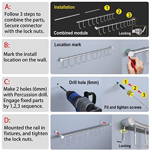 OKEPOO 304 Stainless Steel Kitchen Utensil Hanger - 30 Inch Wall Mount with 15 Noiseless Sliding Hooks, Pots and Pans Hanging Rack, Organizer Storage Perfect for Organizing Cooking Tools, Golden 4