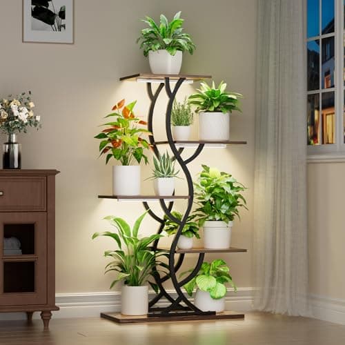 Plant Stand Indoor with Grow Lights - 44" Tall Corner Plant Stands for Indoor Plants, 5 Tiered Metal Plant Shelf, Curved Plant Flower Holder Dispaly Rack for Living Room, Home Patio Balcony (Black)