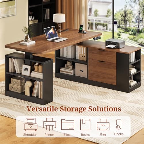 UPOSOJA L Shaped Standing Desk Adjustable Height, 53" Electric Office Desk with File Drawers & Storage Shelves, Sit Stand Corner Computer Desk with Power Outlets, Pegboard, 6 Hooks, Black & Walnut 5