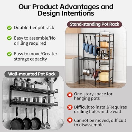 OMISRUIS 5-Tier Pot and Pan Organizer Rack with Hooks, Heavy-Duty Kitchen Storage Shelf for Cookware, Dishes, and Utensils, Freestanding Metal Pot Rack Organizer for Kitchen, Pantry, or Dining Room 5