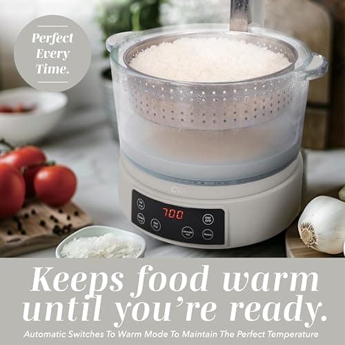 COOK WITH COLOR 3L Glass Mini Low Carb Rice Cooker – Holds 2 Cups Raw/Makes 6 Cups Cooked with Auto Lift Filter Basket, Hotpot & Steamer for Rice, Grains, Digital Panel with Keep Warm, Cream 6