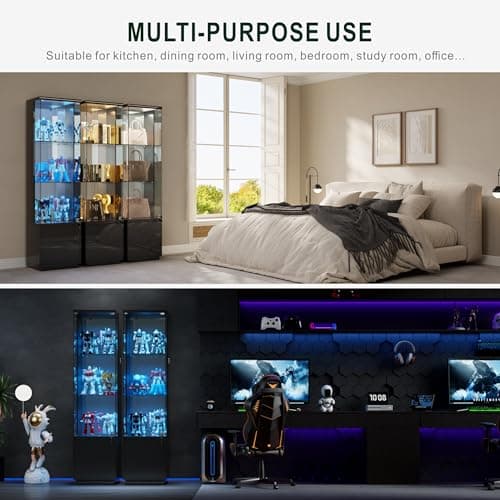 Lvifur Lockable Curio Display Cabinet with Glass Door,65" Lighted Curio Cabinet with 3 Color Lights for Collectibles,3-Tier Glass Display Case with Human Body Sensor for Living Room,Black 9