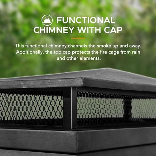 Sunjoy Outdoor Fireplace, Patio Wood Burning Fireplace with Steel Chimney, Mesh Spark Screen Doors, Fire Poker, and Removable Grate, Black 9