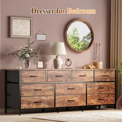 Huuger 63 Inch Dresser for Bedroom, Long Dresser with 10 Fabric Drawers, TV Stand for 55, 65, 70 Inch TV, Toy Storage Organizer for Closet, Rustic Brown 7