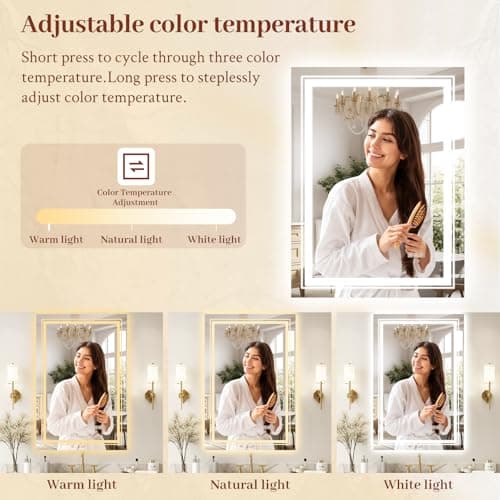 TOTOUS 20x30 LED Mirror for Bathroom with Front and Backlit Light Up Digital Mirrors for Wall,Anti Fog,Stepless Dimmable,Tempered Silver Glass Smart Vanity Mirror for Bathroom 7